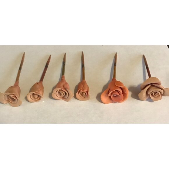 Handcrafted Clay Rose Cupcake Toppers On Toothpicks 2 1/2" Set of 6 - Picture 5 of 6